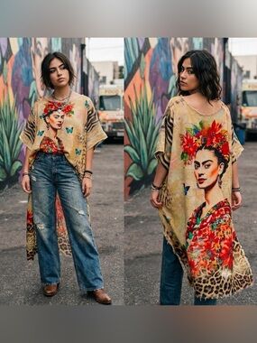 LAST ONE! New I Love Linen Frida Kahlo Floral Print Tunic Top